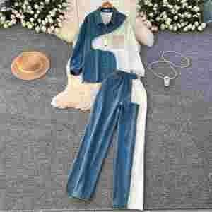 Ensemble décontracté vintage pour femme : haut ample et pantalon de jogging en jean tissé taille haute à blocs de couleur – Vente en gros - Product Image 2