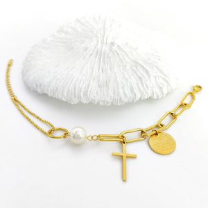 Collar con Colgante de Cruz de Acero Inoxidable con Perla Dorada, Brazalete de 3 Capas, Religioso Cristiano Católico, Jesús para Mí - Product Image 2