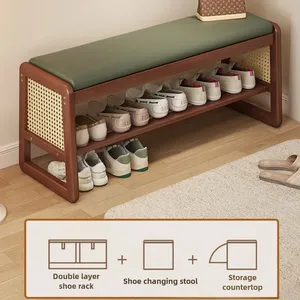 Taburete para Cambiar Zapatos Tejido Teng para Entrada/Puerta de Casa, Almacenamiento Multicapa, Estantes Abiertos, Diseño Rectangular de Madera Maciza - Product Image 5
