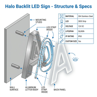 Letras LED con Retroiluminación Halo Personalizadas, Logotipo Comercial, Letrero de Pared de Acrílico y Metal 3D, Letras de Canal con Retroiluminación