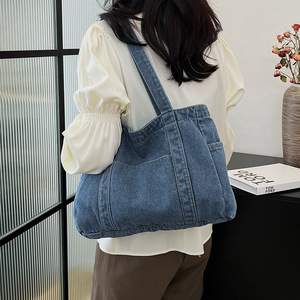 Sac fourre-tout décontracté en jean grande capacité pour femme, léger, avec fermeture éclair, polyvalent, idéal pour le shopping, les étudiants et les professeurs - Product Image 3