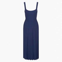 Fabricant de tricots sur mesure : Robe longue plissée en maille, anti-plis, décontractée, bleu marine, sans manches, coupe ajustée, col carré, pour toutes les saisons