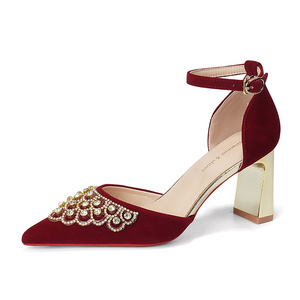 Zapatos de Novia con Tacón Cuadrado, Tira en el Tobillo, Decoración de Pedrería, Punta en Pico, Terciopelo Sólido Ligero, Modelo 7500H-225 - Product Image 5
