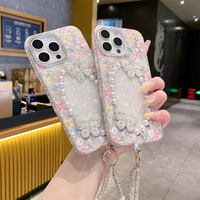 Coque de téléphone Coquette 3D Fleur Papillon Cristal pour iPhone 18 17 Pro Max 16 15 14 13 avec Chaîne Perles Féeriques et Dragonne de Protection