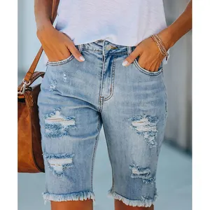 Dear-Loverขายส่งคุณภาพสูงฤดูร้อนสบายๆล้างดิบHem Ripped Distressed DENIM Bermuda Jeanกางเกงขาสั้นผู้หญิง