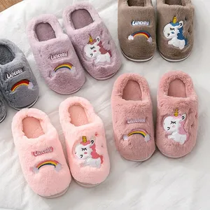 Winter Einhorn Hausschuhe Kinder Kleinkind Mädchen Flip Flop Baby Jungen Pelz Rutschen Baumwolle Indoor Schuhe Warm Fluffy House Kinder Slipper