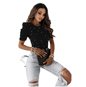 Camiseta de verano para mujer, ajustada, de manga corta, con mangas abullonadas de perlas, diseño casual con cuello redondo, tejido liso teñido. - Product Image 4