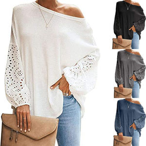 Vestidos de encaje de retazos de manga larga para mujer, Tops sueltos de punto a la moda, 2021 - Product Image 6