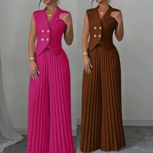 Dantel kumaş ofis giyim için moda kıyafetler yaka v yaka yelek & pileli geniş bacak pantolon seti iki parçalı kadın giyim - Product Image 4