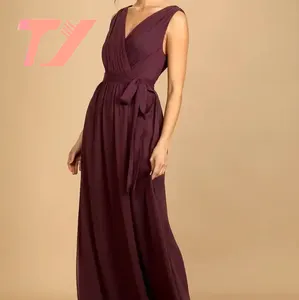 TUOYI personnalisé femmes été longue robe couleur unie imprimé élégant en mousseline de soie tunique sans manches à volants conception femme robes de soirée