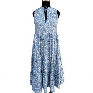 Robe Maxi d'été en pur coton pour femmes imprimé floral bohème bloc de main imprimé Style indien Logo dos écologique pour l'automne - Product Image 1