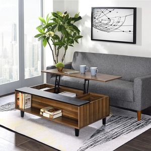 Tavolino <span class=keywords><strong>da</strong></span> Caffè Moderno con Piano Sollevabile in Noce e Nero, Tre Spaziosi Scomparti, Vano Contenitore Nascosto, Gambe Affusolate in Legno - Product Image 1