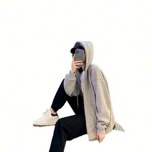 Sudadera de felpa francesa beige de color liso con bordado, ecológica, holgada, de manga larga, con media cremallera, oversize, para mujer, primavera - Product Image 2