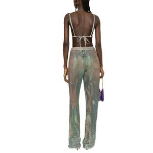 กางเกงยีนส์ทรงตรงผู้หญิงคุณภาพสูงลายมัดย้อม พร้อมตกแต่งคริสตัลลายพรางหลากสี - Product Image 4