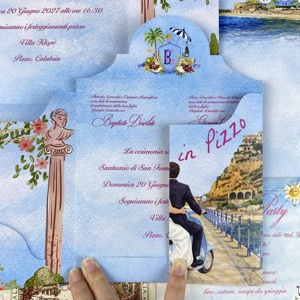 Suite d'invitations de mariage de luxe en papier texturé bleu et blanc style méditerranéen, pochette festonnée, étiquettes découpées, impression illustrée personnalisée - Product Image 3