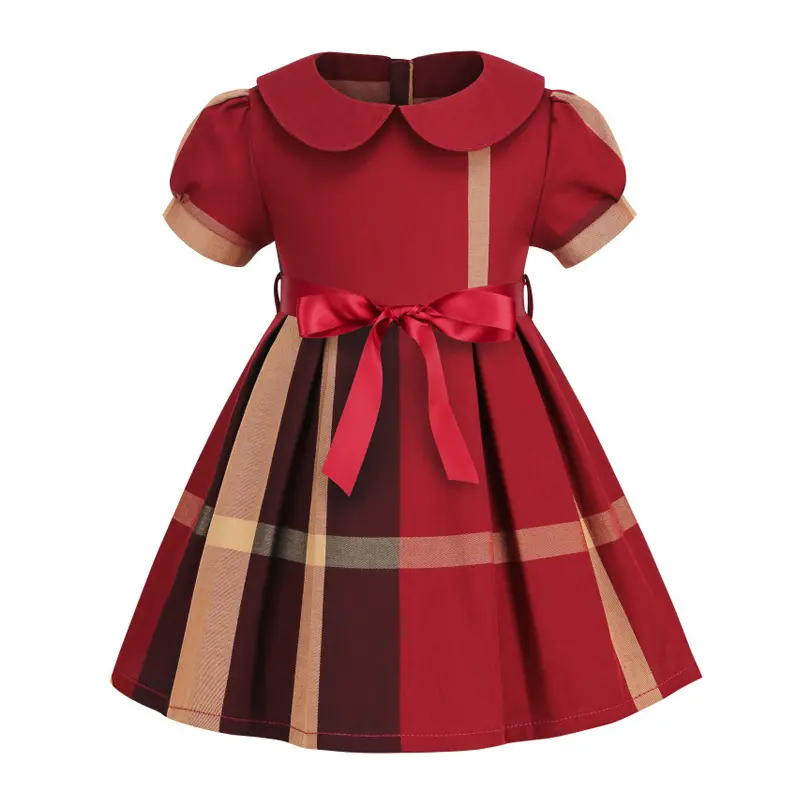 Short sleeve Korean red plaid two piece Casual girls dresses kids clothing sets