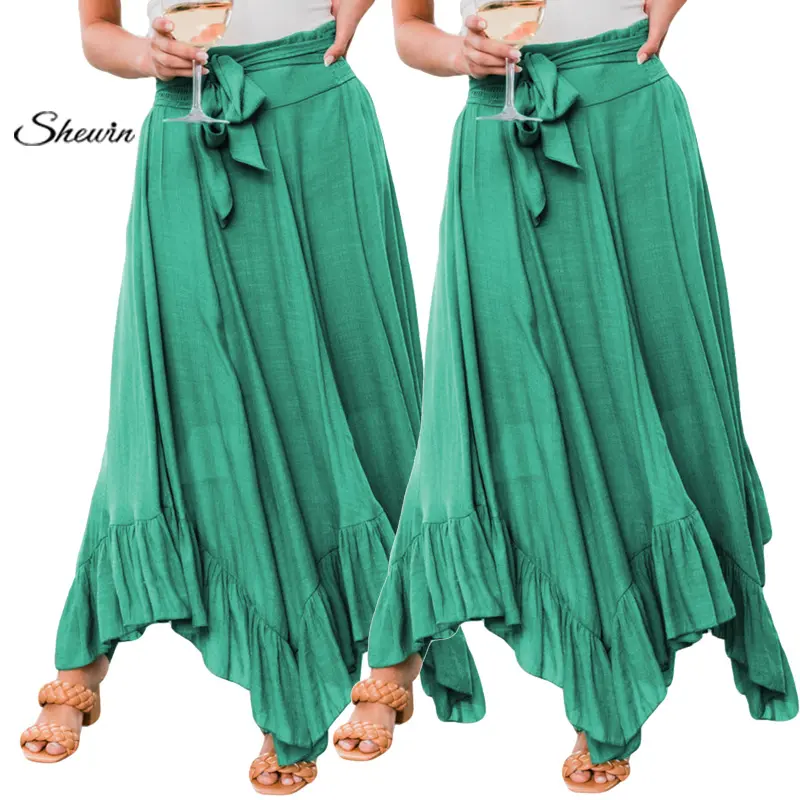 Summer Solid Frill Draped Layered Drawstring High Waist Women Long Ruffle Maxi Skirt