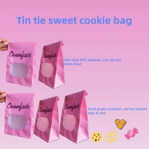 Sac en papier kraft rose à fond plat et soufflet, avec logo personnalisé, fermeture à lien, pour café en grains, biscuits, desserts et thé - Product Image 2