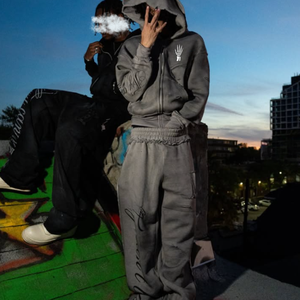 Ensemble de sweat-shirts et de pantalons de survêtement pour hommes de haute qualité, style vintage et délavé, fermeture éclair - Product Image 2