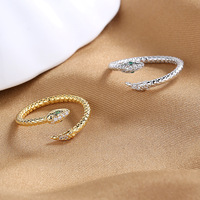 Bague Serpent Ouverte Tendance en Argent Sterling 925 Plaqué Or Vermeil avec Œil Vert