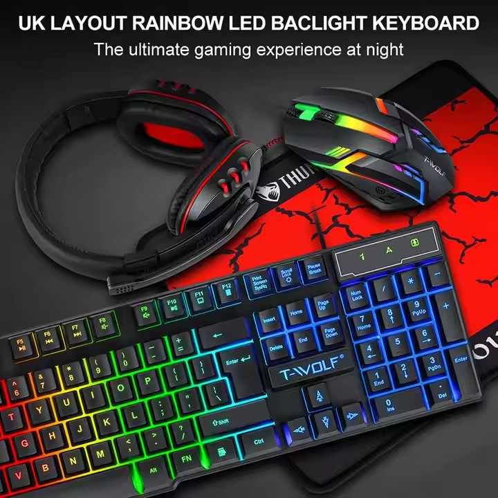 Conjunto combinado de Juegos 4 en 1 LED ruso, español, conexión por cable, luz ergonómica, TF800 Teclado mecánico, ratón, auriculares, alfombrilla de ratón