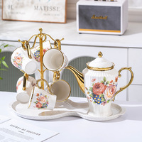Nouvel ensemble de tasses à thé en céramique florale pour la maison, tasses à café dorées, assiette à goûter pour le thé de l'après-midi, boîte cadeau pour théière