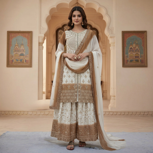 Traje Dhwaja Export de Georgette Marrón y Blanco, Listo para Usar, con Bordado y Lentejuelas - Product Image 1