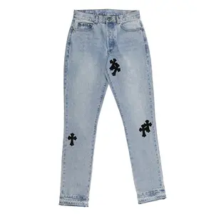 LILUO nuovi Jeans incrociati in vera pelle per gli uomini 2024 High Street Blue Jeans Homme largo cuori dritti pantaloni Moto