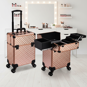 Maleta de Maquillaje Rodante de Aluminio con Rieles Deslizantes, Capa Central Extraíble, Cerradura, Ruedas Giratorias, Impermeable - Product Image 1