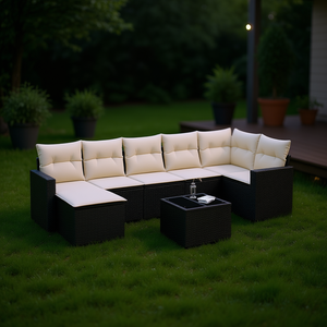 Ensemble de salon de jardin en rotin blanc crème et noir avec coussins, 6 places, mobilier d'extérieur, design contemporain - Product Image 2