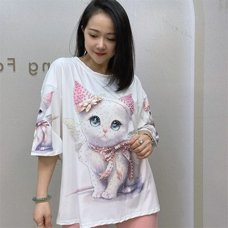 Zomer Nieuwe Mode Casual Zware Industrie Nagel Kralen Kat Patternt-Shirt Cartoon T-Shirt Oversized Top