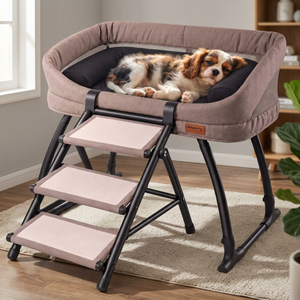 Cama elevada para mascotas con colchón acogedor y escalera de seguridad, junto a la cama del dueño - Product Image 5