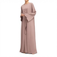 Robe Abaya ouverte décontractée en satin pour femmes musulmanes, deux pièces, manches larges, polyester, col en V, grande taille, légère, élégante, maxi, été
