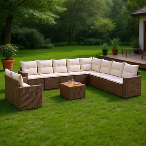 Set Divano da Giardino in Rattan Crema Beige, Grande Arredamento da Esterno con Cuscini in Schiuma ad Alta Densità per Patio e Giardino - Product Image 2