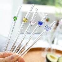 Pailles en verre transparentes réutilisables, courbées, mignonnes, colorées, papillon, fleur, champignon, cœur d'amour, pour smoothies, boissons, milkshakes, jus