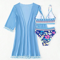 3-delige badpakken voor dames, tropische bloemenprint, badpak met doorschijnende mesh cover-up, klassieke set, zomerstrand bikini set
