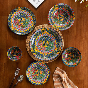 Bohemian Retro Light Luxury Ceramic 6-Piece Tableware Set Rice Bowl <b>Large</b> <b>Plate</b> Ethnic Feng Shui Pot Salad Bowl-Business Gift - Product Image 3