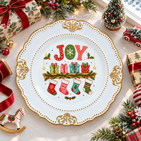 Assiette décorative en plastique de 13 pouces, imprimée UV, motif JOY, avec bordure dorée de luxe, pour la décoration de la salle à manger et du cheminée de Noël
