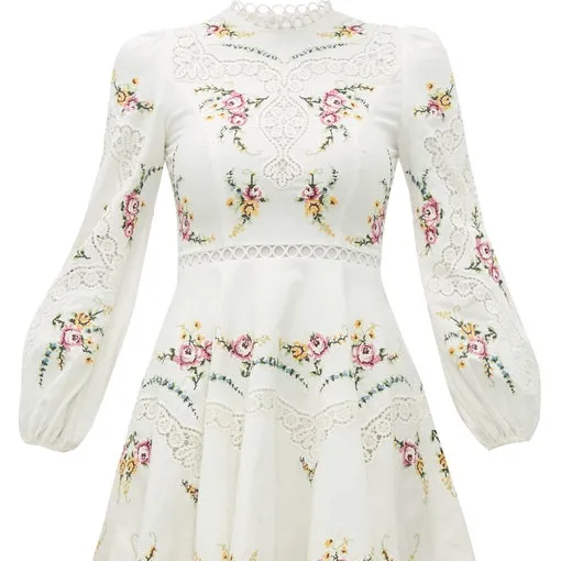 New Style Fashion O-Ausschnitt Blumen bestickt Mini kleid Blend Stoff mit Leinen Freizeit kleider Weiß oder Custom ized Farbe Herbst