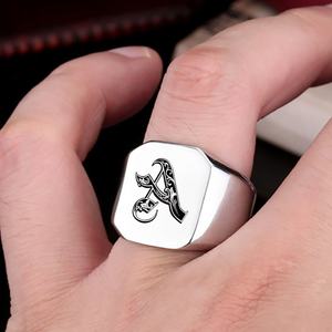 Wholesale 26 Letters Custom Initial Engrave <strong>Rings</strong> for <strong>Men</strong> 18mm Stainless Steel <strong>Signet</strong> Blank Jewelry Classic Style - Product Image 2