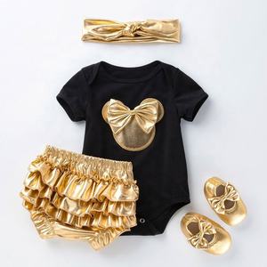 4 Piezas <span class=keywords><strong>Mickey</strong></span> Ropa de Verano para Bebé Niña Recién Nacida, Conjunto de Pijama Corto Dorado + Mameluco Enterizo para Bebé Recién Nacido - Product Image 1