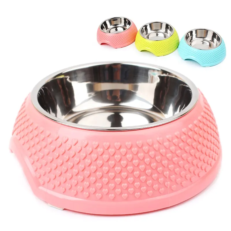 Antiskid Outside Heart Pattens Stainless Steel Pet Dog Bowl Cat Water Feeder