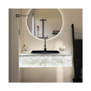 Meja wastafel kamar mandi, batu permata Onyx Quartz kristal tembus cahaya marmer alami putih murni