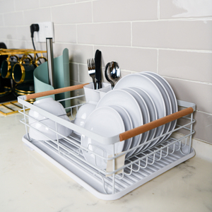 Large Metal Wire Kitchen Countertop Sink Dish Drying Rack with Removable Plastic Cutlery Tray Caddy and Drainboard