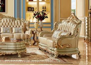 European Style Leather Sectional <b>Sofa</b> Set Solid <b>Wood</b> Carved <b>Frame</b> Home Furniture Living Room Apartment Comfortable - Product Image 6