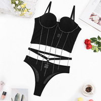 Produk 2024 pakaian dalam seksi wanita Bra jaring tembus pandang rantai bor dan celana dalam wanita Lingerie Erotis