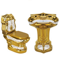 Ensemble WC de luxe en céramique plaqué or anti-odeurs pour salle de bain avec chasse d'eau à siphon et lavabo intégré
