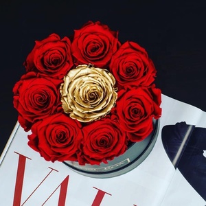 Valentines Day Gift Red Gold Eternal Rose Decoration Real Touch Preserved Roses Forever Roses Flowers In Round Box