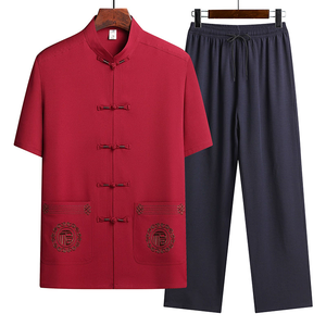 À manches courtes mince Kung Fu Tai Chi uniforme d'âge moyen hommes âgés Tang <span class=keywords><strong>costume</strong></span> été grand-père Hanfu ensemble de vêtements traditionnels - Product Image 6