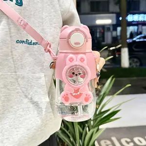 Outdoor Sports Cute Kids Cartoon Gift Bear Cup Portable Drinking Reusable School Plastic Water Bottles With Straw